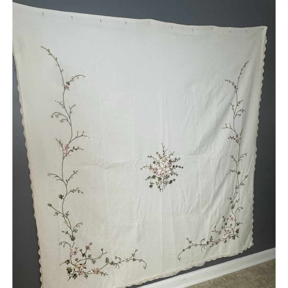 Vintage Style Off White Cloth Shower Curtain Embroidered Flowers 64" X 68"